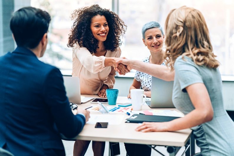 Professionals shaking hands during a business meeting