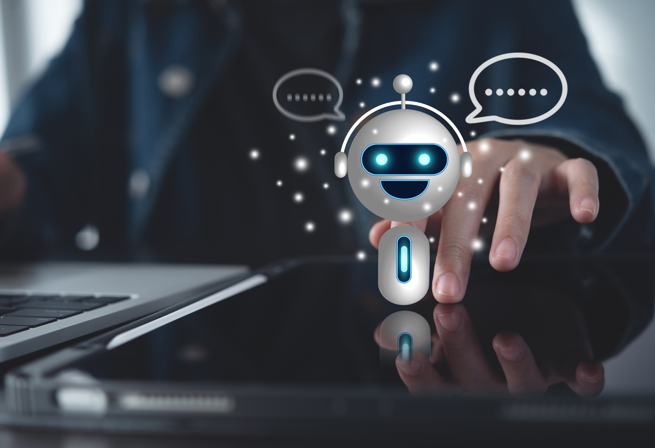 Digital AI chatbot, A.I., robot application, conversation assistant, Artificial Intelligence concept. Man using mobile smart phone, with digital chatbot on virtual screen Digital AI chatbot, A.I., robot application, conversation assistant, Artificial Intelligence concept. Man using mobile smart phone, with digital chatbot on virtual screen