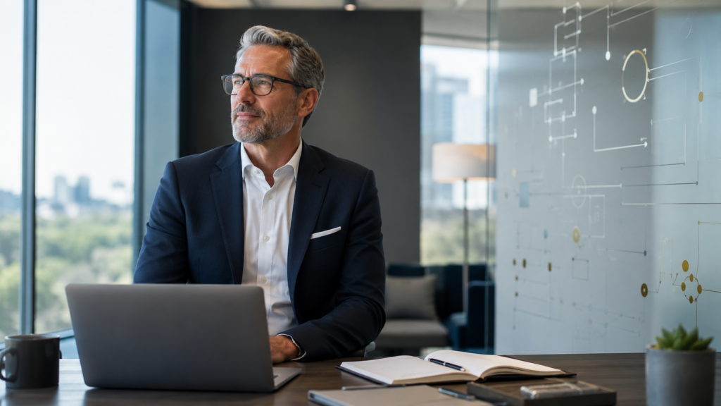 Executive job search strategy concept image showing a senior business leader in a modern office reviewing career planning and leadership opportunities.